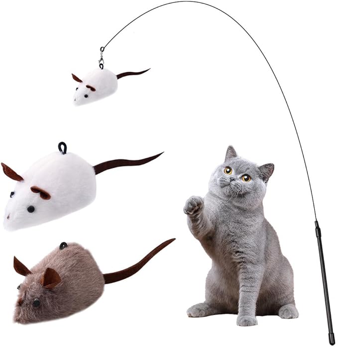 PAZ'S GIFT Cat Wand Toy, Mouse 2-Piece Catnip wzggle Sound Toy, Soft and Durable, Interactive cat Kick for Indoor Games