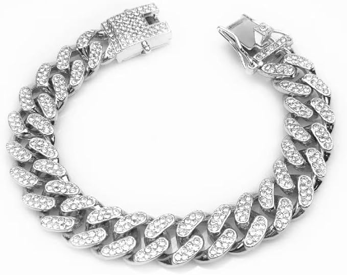 Dog Chain Collar Silver Cuban Link Cat Collar Crystal Dog Necklace Metal Jewelry Accessories for XXS XS Small Medium Large Pet Male Dogs Boy Kitten (8inch)