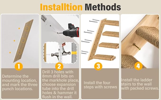 4-Step Cat Wall Shelves and Stairs With Sisal Rope - Improved & Stronger Tree Supplies, Large, Brownish White