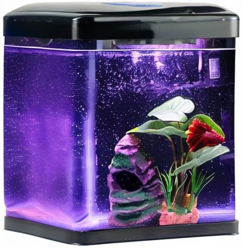 Betta Fish Tank Self Cleaning Glass 2 Gallon Small Nano Aquarium Starter Kits Desktop Room Decor w/LED Light Decorations & Whisper Filters Water Pump (Fish Tank)