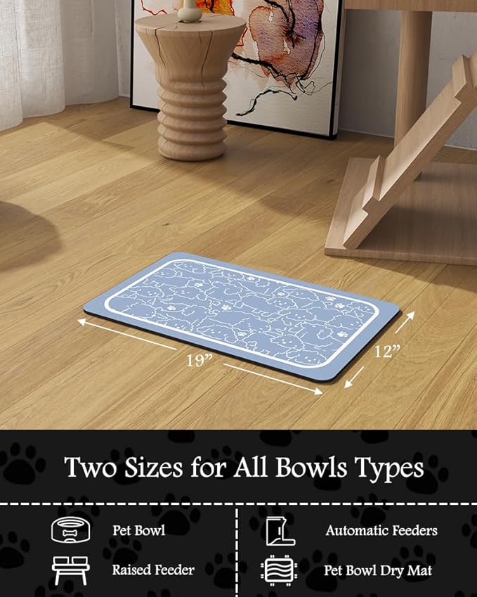 Pet Feeding Mat-Absorbent Dog Mat for Food and Water Bowl-No Stains Quick Dry Water Dispenser Mat-Dog Accessories Pet Supplies-Bowl for Messy Drinkers(BLUEDOGS,12"x19"