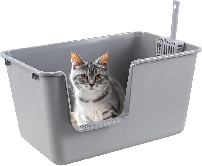 4 Packs Large Cat Litter Box with High Sides, Grey Open Top Cat Litter Basin