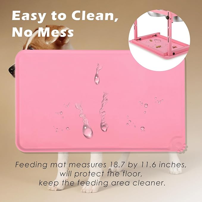 SHAINFUN Pink Elevated Dog Bowl Stand with Two 1700ml Stainless Steel Food Bowls, Slow Feeder and Spill Proof Mat, Adjustable Feeder for Large, Medium and Small Dogs