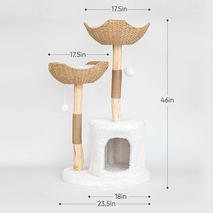 Cat Tree Tower, 46 inch Modern Cat Tree for Indoor Cats Large Adult, Luxury Cat Condo with Scratching Post, Real Solid Wood Branch Indoor Boho Furniture, Climbing Tower, White