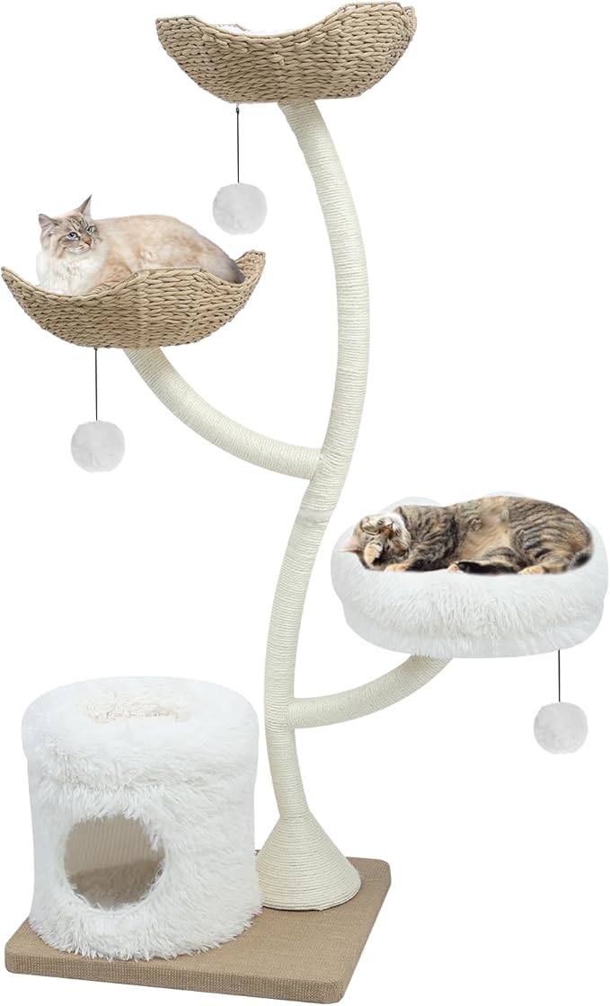 63” Tall Cat Tree Tower for Indoor Cats, Multi-Level Large Cat Climbing Furniture with Scratching Posts, Soft Perch, Cozy Cave, and Hanging Toys, Sturdy Design for Multi-Cat Households