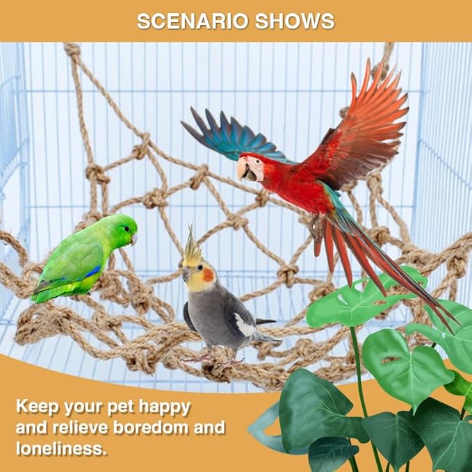 2 Packs Natural Bird Rope Net Parrot Swing Hammock for Birds Parrot Ladder Macaw Hanging Hammock Activity Toy for Rats Parakeet Cockatiel Cockatoo Conure African Grey Budgie(L 20 * 16inch)