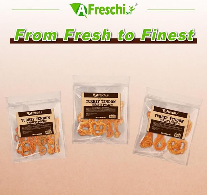 A Freschi srl Turkey Tendons for Dogs, USA-Sourced, Healthy Dog Treats, Rawhide-Free Puppy Chews, Long Lasting, All Natural, Hypoallergenic Dog Treats for Large Breeds, 10 oz Pack Variety (L)