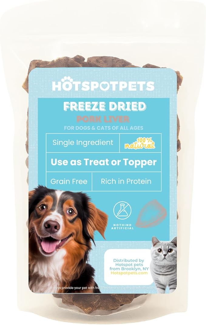 hotspot pets Freeze Dried Pork Liver Treats for Cats & Dogs - Made in USA (1 Pound Value Bag) Single Ingredient, High Protein, All Natural, Grain-Free - Perfect for Training, Topper or Snack