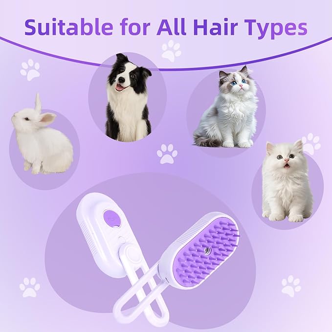 4-in-1 Rechargeable Anti-Dandruff Pet Steam Brush — brush for sheddingCats & Dogs,pet hair removal tool. Integrating functions of massage,clean, hair grooming and anti-static (purple)