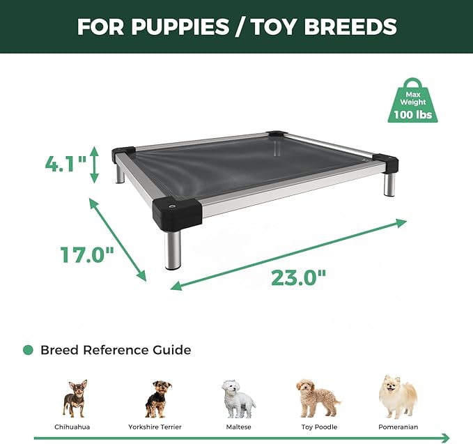 FXW TitanNest Chew-Proof Elevated Dog Bed, Raised Cot for Indoor/Outdoor/Camping Use, Durable & Waterproof Cooling Pet Bed for Toy Dogs, 23.0" L x 17.0" W x 4.5" H, Black