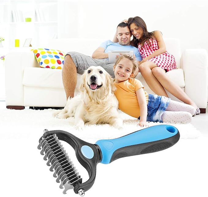 Pet Grooming Tool - 2 Sided Undercoat Rake for Cats and Dogs - Safe Dematting Comb for Easy Mats & Tangles Removing - No More Nasty Shedding and Flying Hair