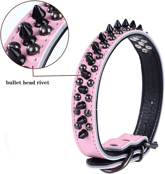 Spiked Studded Dog Collar, Genuine Leather Dog Collar, Adjustable Pet Collars for Medium Large Bulldog Pitbull Mastiff Poodle Boxer (L:37-47cm, Blue)
