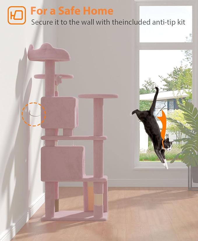 54" Cat tree Tower for Indoor Cats Large Adult,Cute/Tall Modern Cat Tree for Big Cats 20 lbs,Plush Multi-Level Cat Condo with Scratching Posts, Dangling Ball for fun play (Soft Pink, 54 inch)