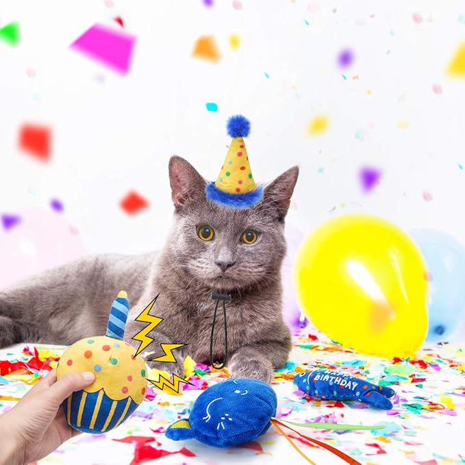 BINGPET Cat Birthday Catnip Toys for Indoor Cats,Cat Birthday Hat,Bandana and Cat Birthday Cake Interactive Plush Kitten Chew Toys,Cute Fish,Balloon Toys with Crinkle Paper and Catnip Inside(Blue)