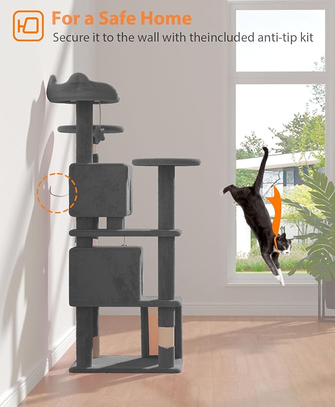 54" Cat Tree Tower for Indoor Cats Large Adult,Cute/Tall Modern Cat Tree for Big Cats 20 lbs, Plush Multi-Level Cat Condo with Scratching Posts,Hammock, Dangling Ball (Smoky Gray, 54 inch)