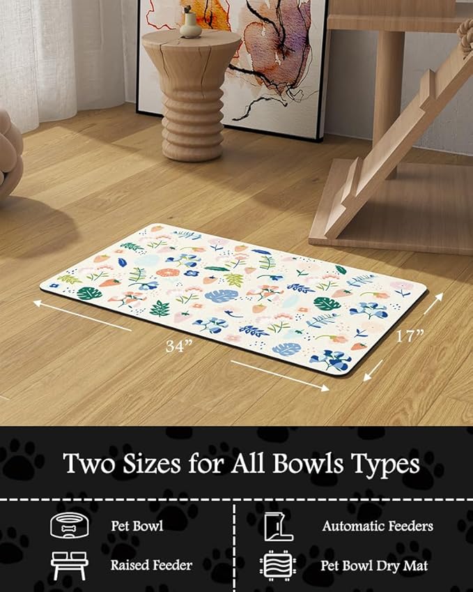 Pet Feeding Mat-Absorbent Dog Mat for Food and Water Bowl-No Stains Quick Dry Water Dispenser Mat-Dog Accessories Pet Supplies-Bowl for Messy Drinkers(LIGHTFLOWERS,17"x34"