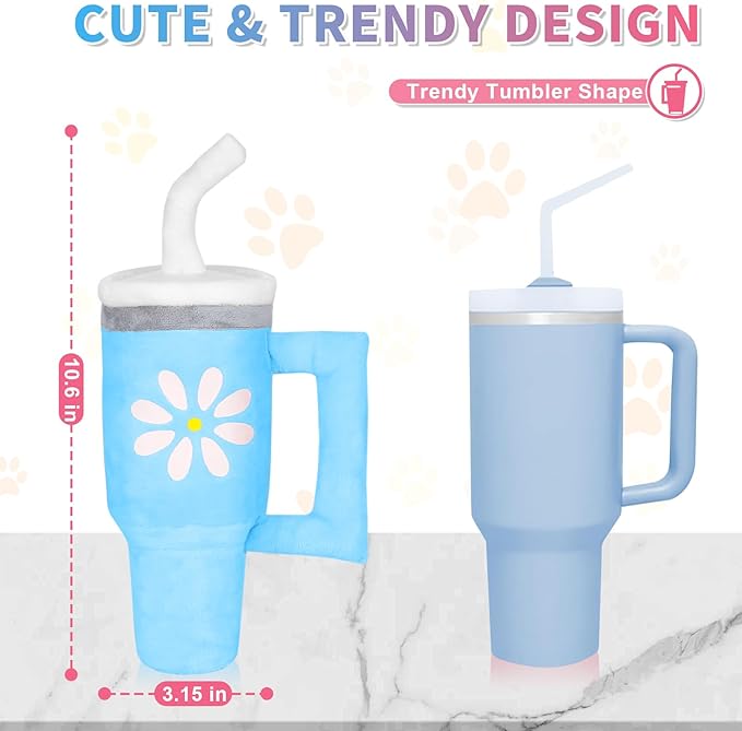 Squeaky Dog Toy - Crinkle Pup Cup Tumbler Plush Dog Toy with Cute Daisy Design for Small Medium Breeds, Funny Interactive Puppy Birthday Gift (Blue)