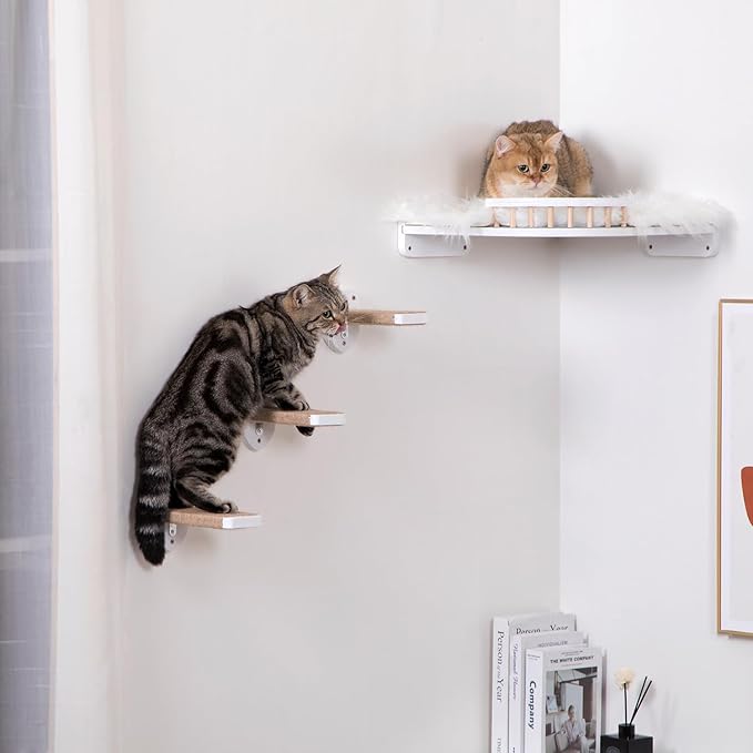 3-in-1 Cat Wall Steps with Hemp Rope, Solid Wood Cat Ladder for Climbing and Playing (Large-White)