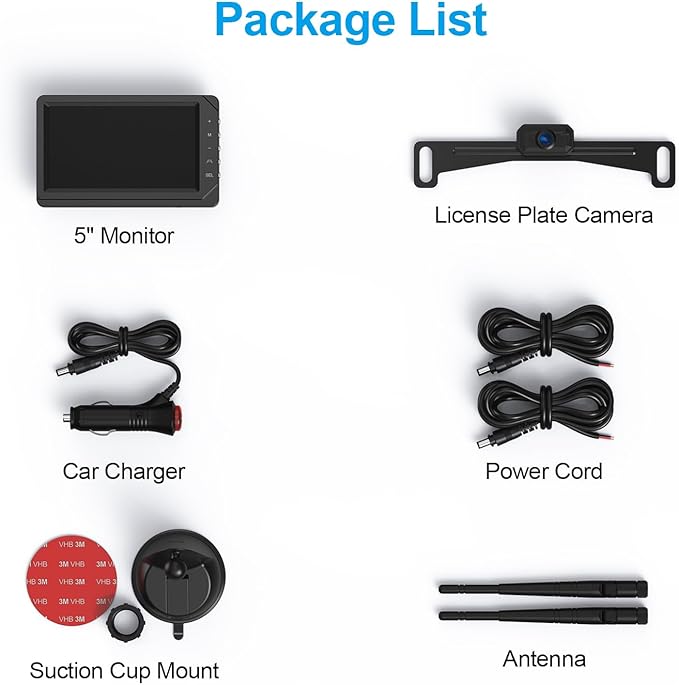 Fookoo HD 1080P 5-inch Wireless Backup Camera, 5" Split Screen Monitor Rear View Licence Plate Camera, DIY Guide Lines Wide Angle IP69 Waterproof Easy to Install for Car Pickup Van SUV - DW5CT