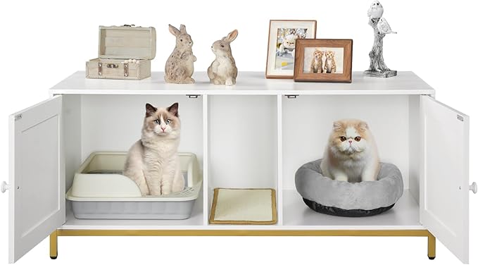 HOOBRO 44" Cat Litter Box Enclosure for 2 Cats, Double Cat Litter Box Furniture Hidden, TV Stand Litter Box Enclosure with Cat Scratching Mat, Cat House, Cat Washroom Cabinet, White, Gold DW20MW01