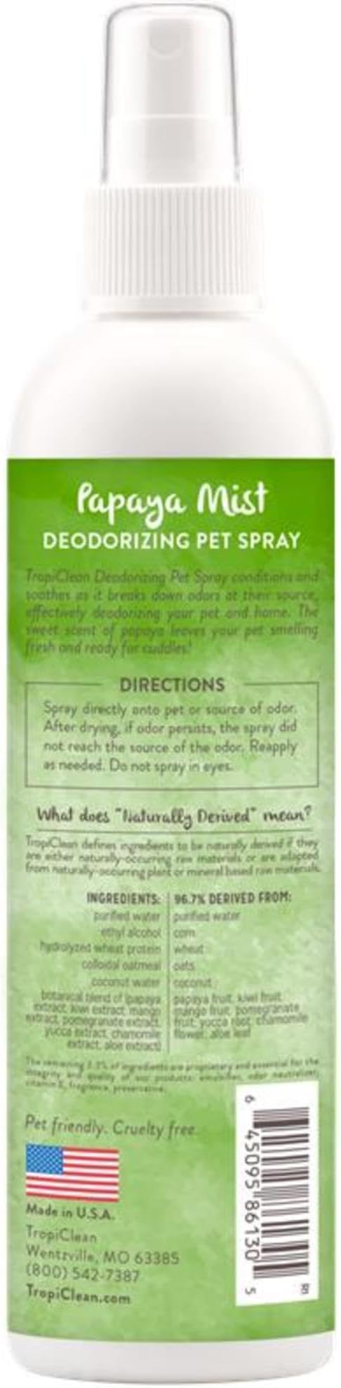TropiClean Dog Perfume, Long Lasting Papaya Cologne, Deodorizing Spray for Smelly Dogs, After Bath Detangling Spray with Vitamin E, Safe for Cats, 8oz.