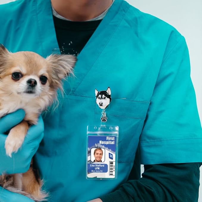 callie Personalized Pet Portrait Badge Reel - Custom Dog Cat Photo, Cute Badge Holder Retractable with Alligator Clip & Paw Charm, Gifts for Dog Lover Nurse RN CNA Doctor(2 Pets)