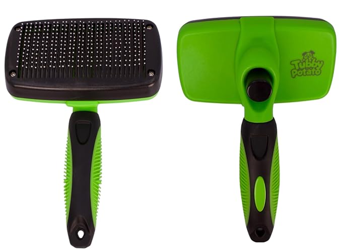 Tubby Potato™ Self Cleaning Slicker Brush - Deshedding Brush for Long and Short Haired Pets. Comfortable and Safe for Senitive Skin. Great for Dogs, Cats, and other Small Animals- Green