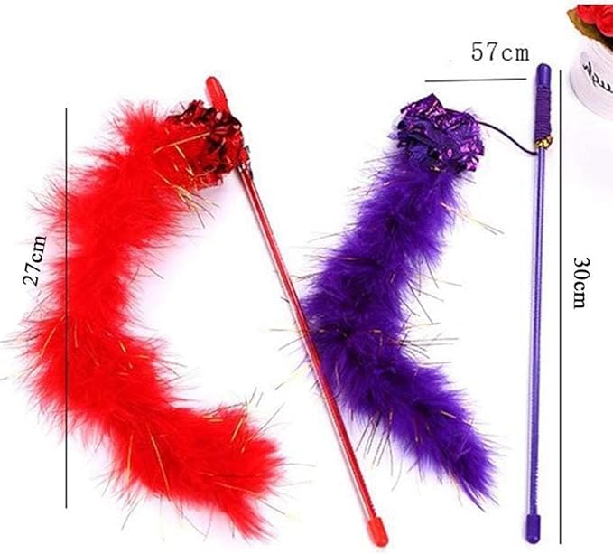 PETCTN Red Cat Teasing Stick Toy - Interactive Stick with Sparkly Feather Boa & Crinkle Ball for Indoor Cat Training & Fun