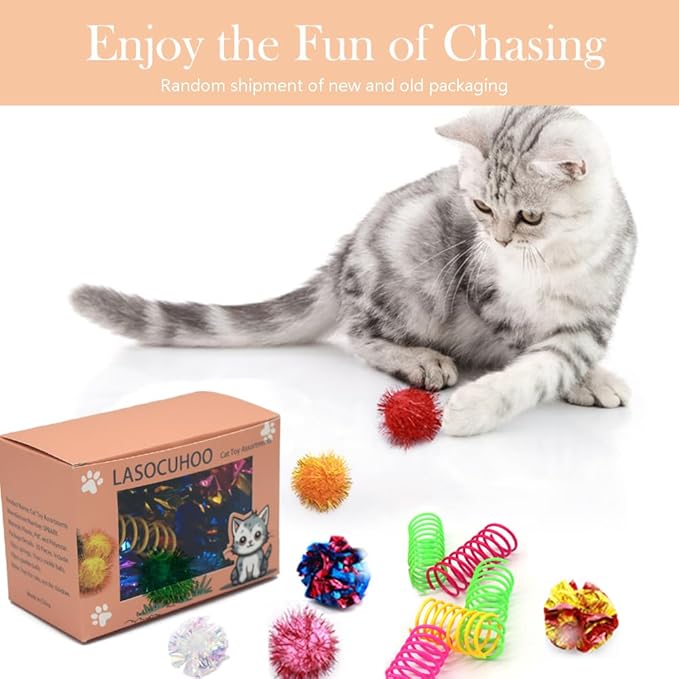 LASOCUHOO Cat Toys, 30 Packs Interactive Cat Toy Pack Including Cat Crinkle Balls, Cat Sparkle Balls, Spiral Springs for Most Cats