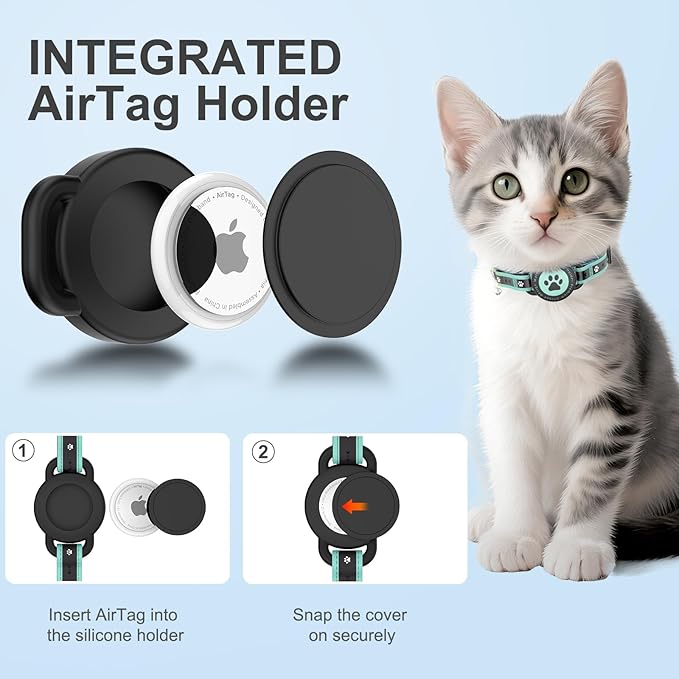 Airtag Cat Collar Breakaway, Reflective Cat Collar with AirTag Holder and Bell, Compatible with Apple Air Tag, Comfortable Padding, Adjustable, Durable (Turquoise, XS)