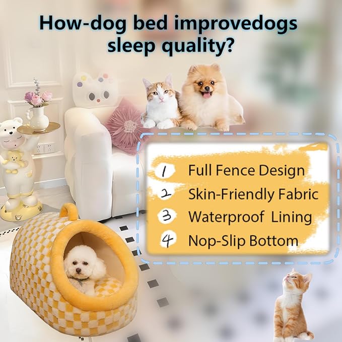 Dog Bed cat Bed Small Medium Furniture cat for Indoor Cats with Cover cave Outdoor House Insulated House Large Indoor Travel Hand (Yellow, M)