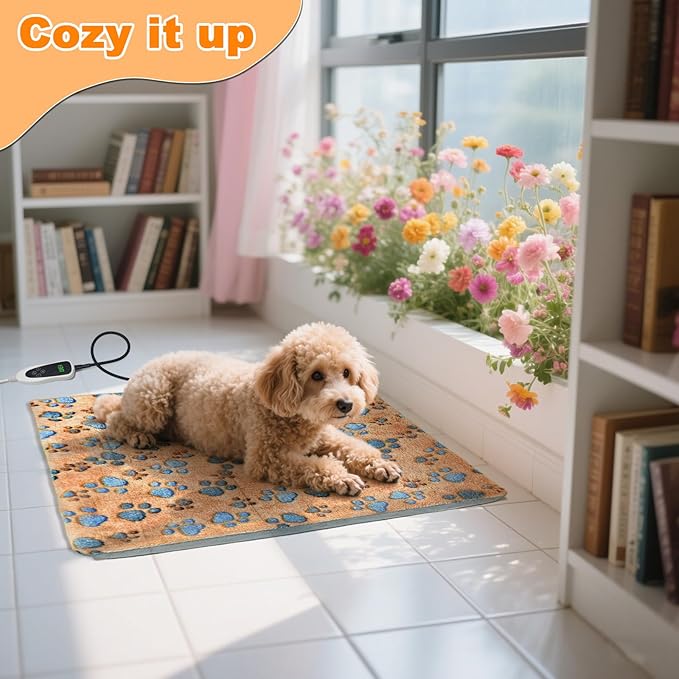 Cat Heating Pad, 17×13 In Heated Cat Bed With Intelligent Constant Temperature Switch, PVC Waterproof With Metal Protective Tube Puppy Whelping Supplies, Comes With a Plush Cotton Sleeve-Apricot