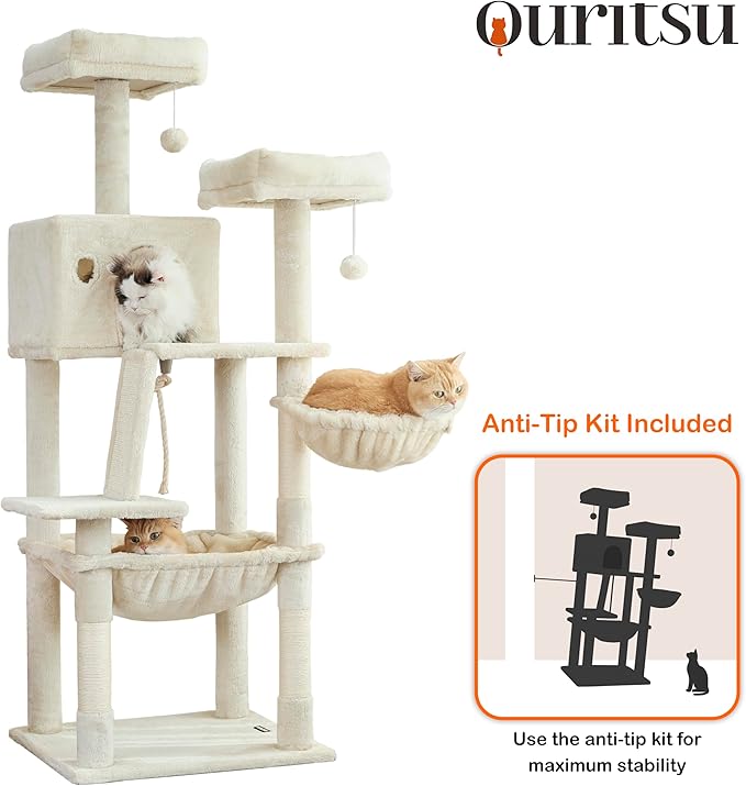Ouritsu Cat Tree, 56 inch Tall Cat Tower for Large Cat Indoor, Large Condo, 2 Padded Perches, Steel-Framed Hammock, Scratching Post and ramp, Fluffy Basket, Beige, LF001WH