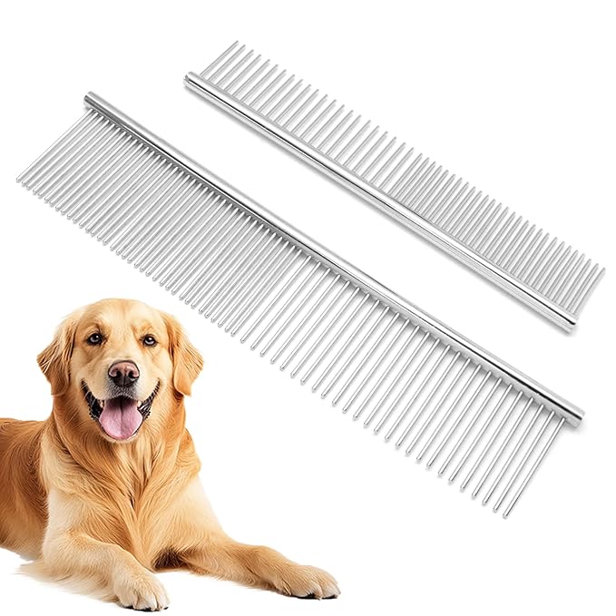 Biaungdo 2 Pcs Dog Grooming Combs Set, Metal Dog Comb for Removing Tangles and Knot, Cat Brush Grooming Tool for Long Haired Pets