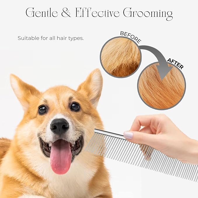 Flexzion Grooming Comb for Dogs – Stainless Steel Professional Cat Comb and Animal Tool for Removing Tangles and Knots on Medium Pets with Smooth Needle Teeth – 45mm, 1 Large