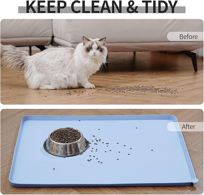 Waterproof Pet Feeding Mat with High Raised Edges, Heavier and Thicker Placemats for Cat Dog Water Bowl with BPA Free, Dogs Cats Food Mats for Messy Drinkers to Prevent Spill and Protect Floors