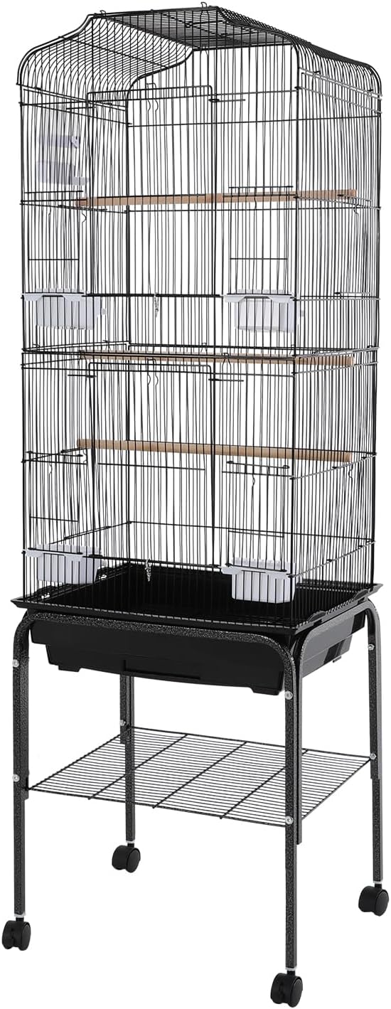 Freestanding Bird Cage Large Bird Cage with 4 Feeding Bowls & Waterer & 4 Universal Wheels & 2*Brake & Storage Rack & Slide-Out Tray & Mesh Panel Budgie Aviary for Balconies, in Homes, Shop(Black)