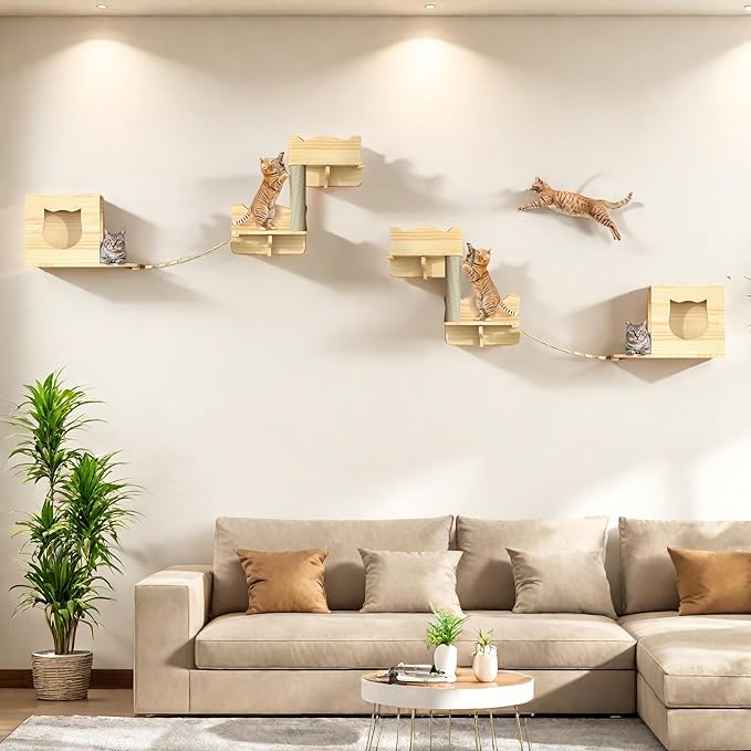 Cat Wall Shelves, Cat Wall Furniture Pine Wooden Feline Shelf, 5 Piece Shelves and Perches with Bed, House, Steps, Bridge Ladder and Scratching Post