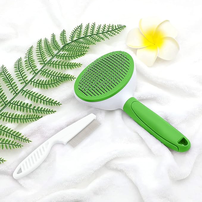 Cat Brushes for Indoor Cats, Dog Brush for Shedding with Metal Cat Comb, Self Cleaning Pet Hair Brush with Release Button for Grooming Kitten(Green)