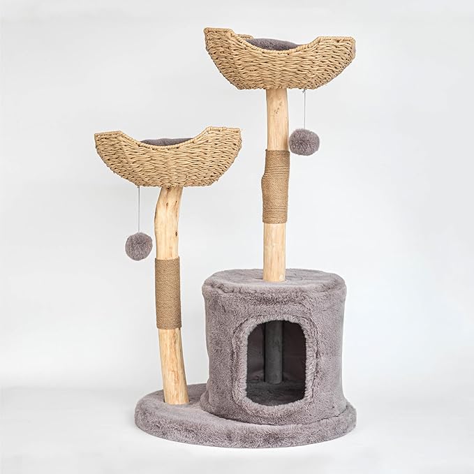 Cat Tree Tower, 46 inch Modern Cat Tree for Indoor Cats Large Adult, Luxury Cat Condo with Scratching Post, Real Solid Wood Branch Indoor Boho Furniture, Climbing Tower, Gray