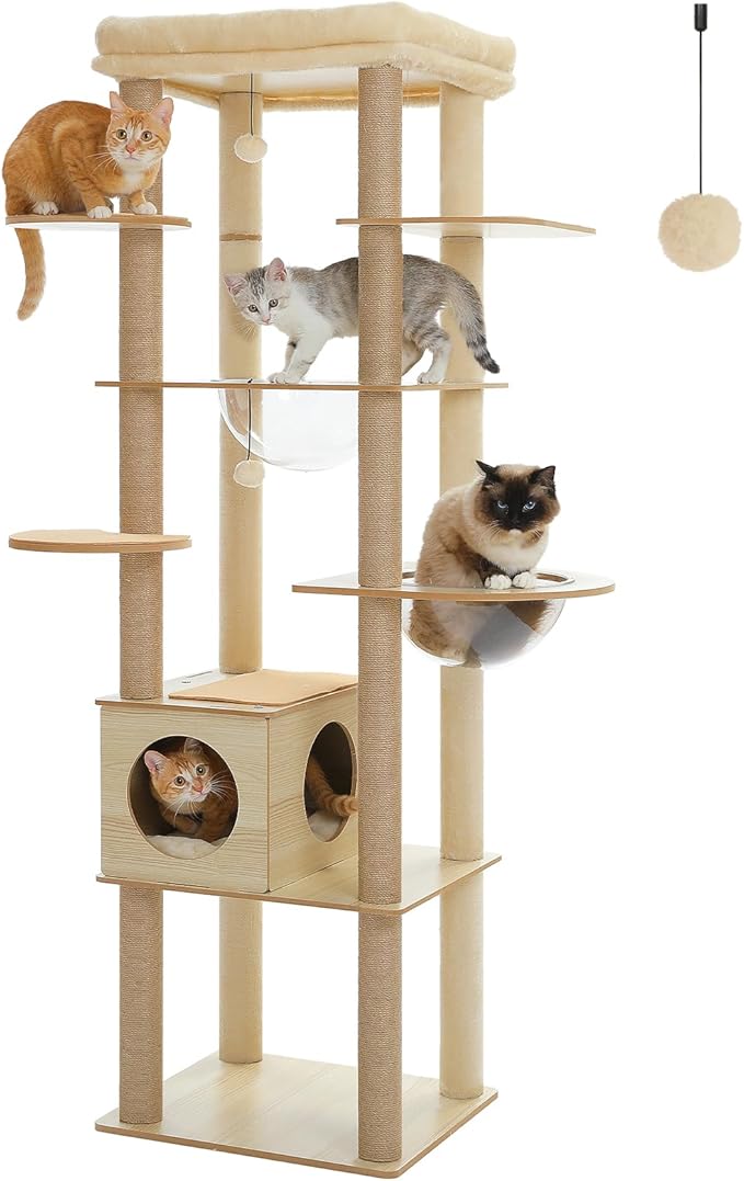 71" Tall Wood Cat Tree for Large Cats, Modern Cat Tower with 2 Acrylic Bowls, Large Top Perch, Spacious Cat Cave (Soft Cushion Included), 10 Sisal Scratching Posts and Non-Slip Jump Platforms