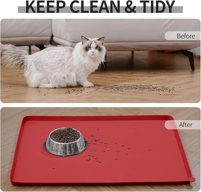 Waterproof Pet Feeding Mat with High Raised Edges, Heavier and Thicker Placemats for Cat Dog Water Bowl with BPA Free, Dogs Cats Food Mats for Messy Drinkers to Prevent Spill and Protect Floors