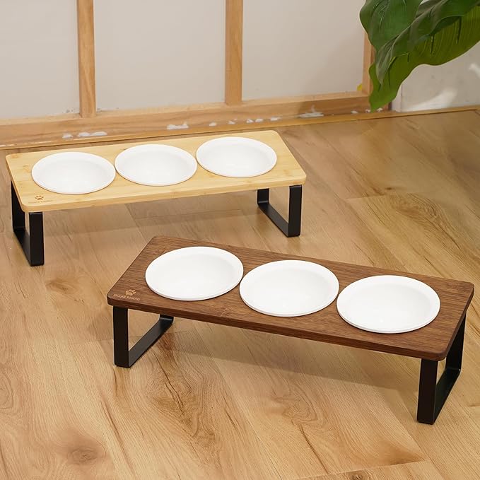 Sunhoo Elevated Cat Bowls for Indoor Cats Raised Tilted Food Water Kitty Dish Stand with 6 Ceramic Bowl Set Orthopedic Wooden Pet Feeder Feeding Sation Reduces Vomiting 4.7in Easy Assembly(Yellow)