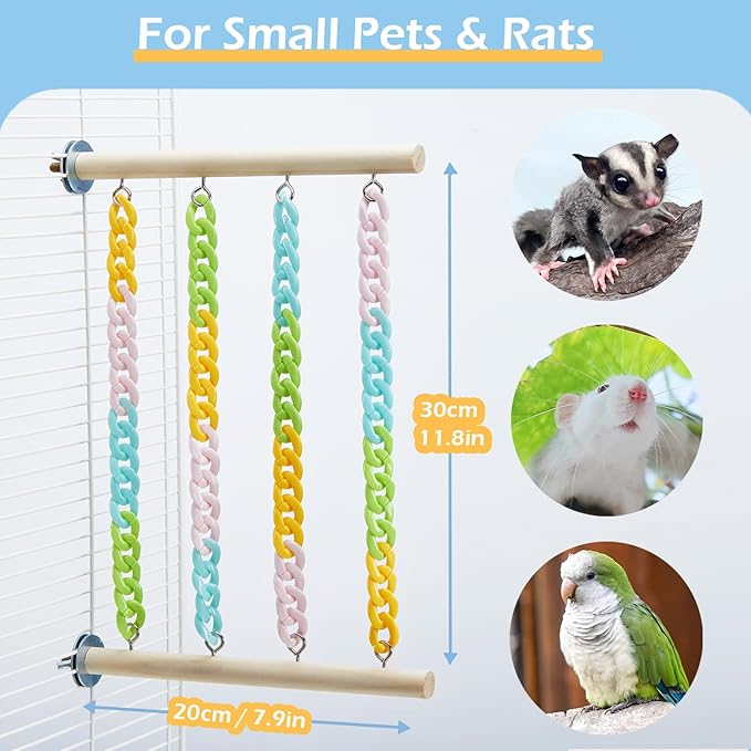 2Pcs Sugar Glider Climbing Toys, Natural Wood with Sturdy Colorful Chains Hanging Toys Sugar Glider Cage Accessories, Wobble-Free Rat Enrichment Toys for Small Animals and Parrots