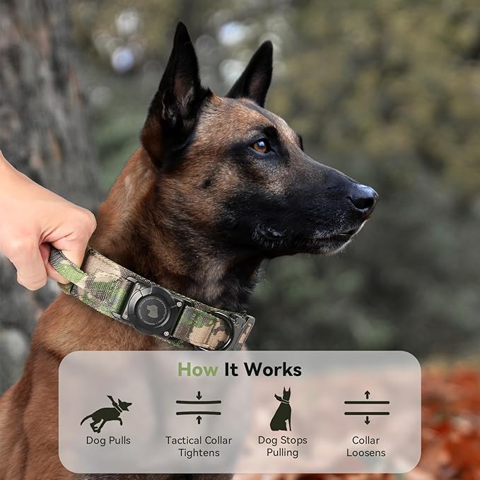 2026 Upgrade Waterproof AirTag Dog Collar, Military Tactical Dog Collar with AirTag Holder, Comfortable Control Handle and Metal Buckle, GPS Dog Collar Holder for Medium to Large Dogs (Camouflage,L)
