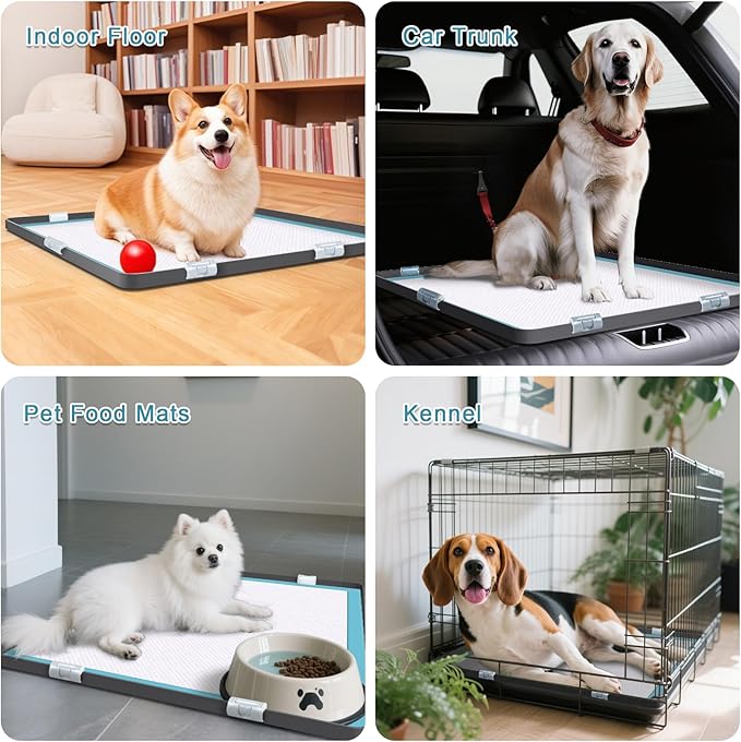 Pee Pad Tray Holder for Dog,Silicone Dog Puppy Pad Holder, 27" x 27" No Spill Raised Lip High Edge,Portable Large Leak-Proof Mat Holder for Pet Training Pads,Square Potty Trays 6 Complimentary Clamps