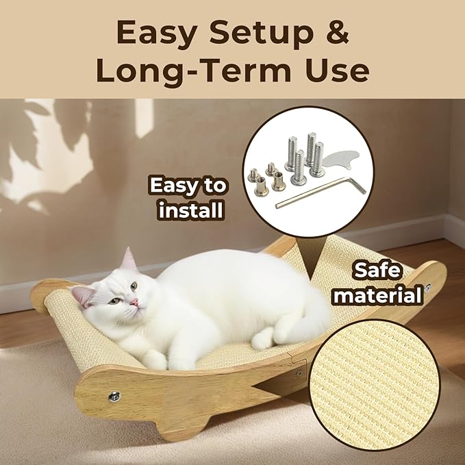 2-in-1 Sisal Cat Scratcher Bed for Indoor Large Cats – Hammock Lounge with Natural Sisal Pad, Wooden Cat Furniture for Scratching and Resting