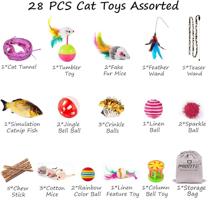 MIBOTE 28Pcs Cat Toys Kitten Toys Assorted, Cat Tunnel Catnip Fish Feather Teaser Wand Fish Fluffy Mouse Mice Balls and Bells Toys for Indoor Cat Puppy Kitty Interactive Cat Toy Set
