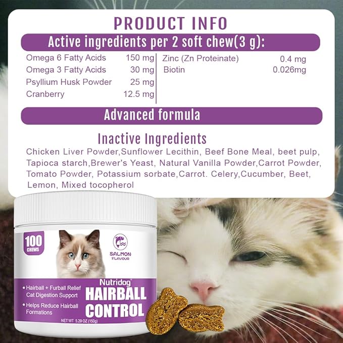 Hairball Treats for Cats - Hairball Remedy Chews with Omega 3&6, Psyllium Husk, Zinc & Biotin - Salmon Flavor for Hairball Control, Digestive Health & Skin Support, 100ct (ND-044)