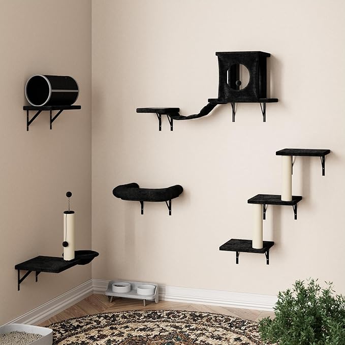 NUNU LAB Cat Wall Shelves Set, 7 Pcs Wall-Mounted Cat Climber with Cat House, Tunnel, Bridge, Scratching Post, Hammock, Wall Shelves, Black